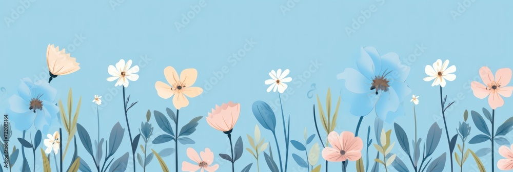 cute cartoon flower border on a light sapphire background, vector, clean