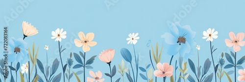 cute cartoon flower border on a light sapphire background  vector  clean
