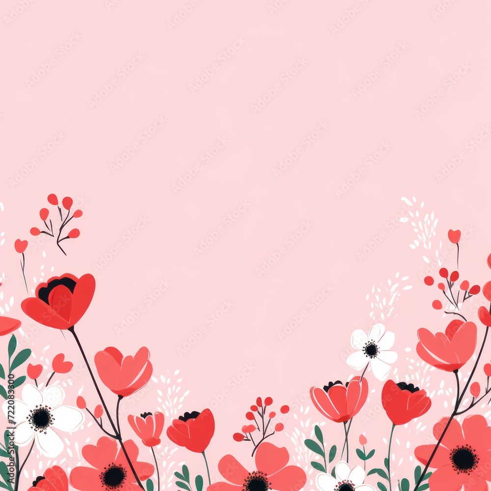cute cartoon flower border on a light rose gold background, vector, clean 