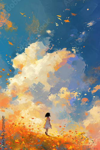 A painting of a girl walking across a patch of cloud.