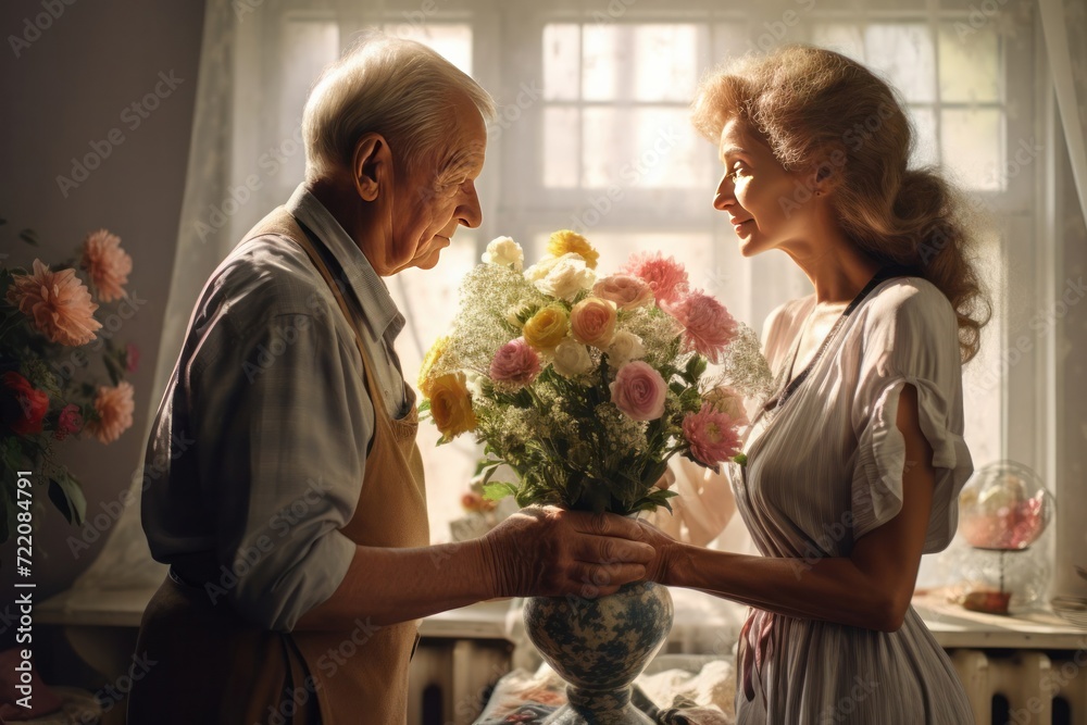 Flowers, love and cooking with a senior couple in kitchen for surprise breakfast in celebration of an anniversary, birthday or valentines day. Food, romance and morning with an elderly man and woman