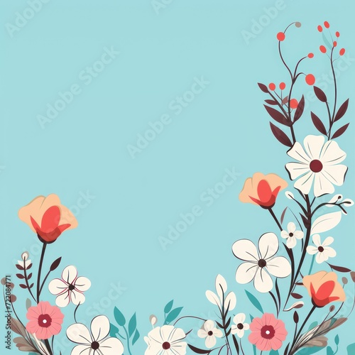 cute cartoon flower border on a light sapphire background, vector, clean