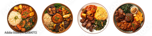 set of African meal with rice, beef , chicken ,sauce, vegetable in plate. decorated with fruits , top view from above angle , isolated on a transparent background. PNG cutout or clipping path. 