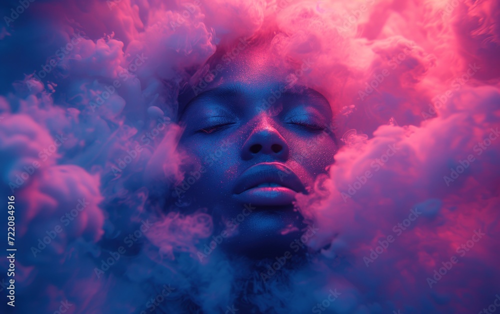 Face with dark sky-blue and light magenta clouds surrounding his face Generated by AI