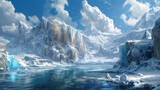 The frozen water on an island, in the style of matte painting.