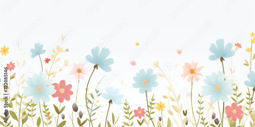 cute cartoon flower border on a light silver background, vector, clean