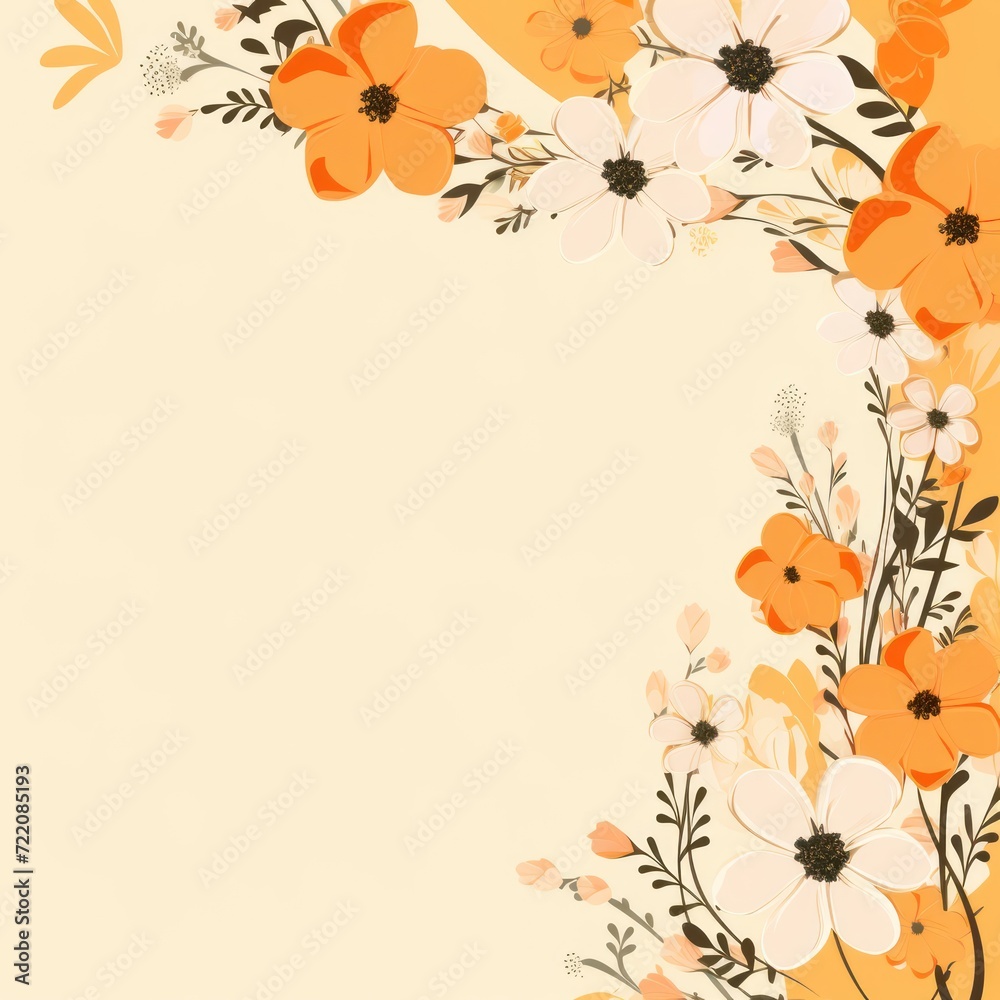 cute cartoon flower border on a light tangerine background, vector, clean 