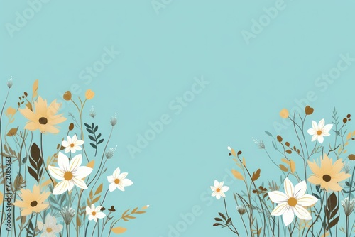 cute cartoon flower border on a light turquoise background, vector, clean