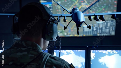 Government Surveillance Agency and Military Joint Operation. Male Agent, Female and Male Military Officers Working at System Control Center. photo