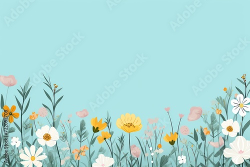 cute cartoon flower border on a light turquoise background  vector  clean