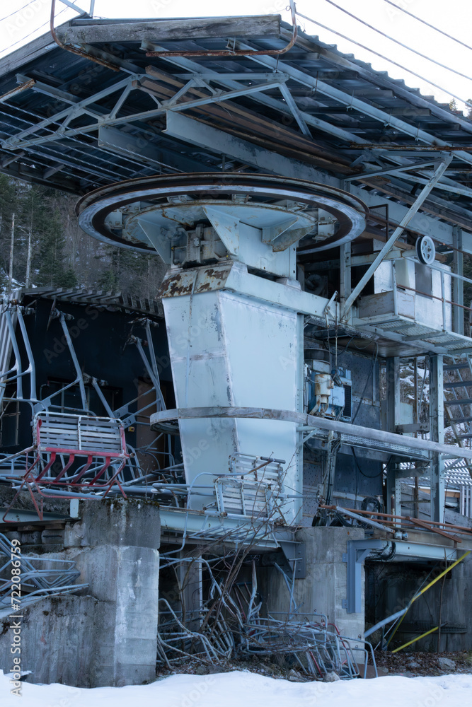 abandoned ski lifts in ski resorts that close due to lack of snow due to climate change. abandoned ski lifts in ski resorts that close due to lack of snow due to climate change.