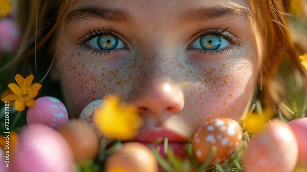 Young Girl With Blue Eyes Surrounded by Flowers and Eggs Young Girl With Blue Eyes Surrounded by Flowers and Eggs