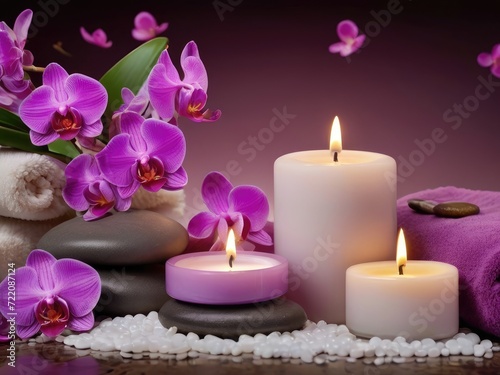 Beauty in Tranquility: Aromatherapy and Serenity Spa Escape with Massage Pebbles, Orchid Blooms, and the Soft Glow of Burning Candles