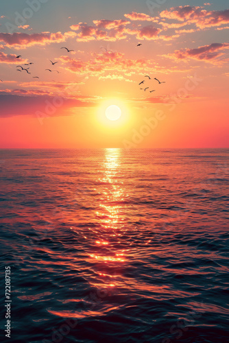 The sun sets over a vast and serene ocean.