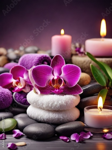 Beauty in Tranquility  Aromatherapy and Serenity Spa Escape with Massage Pebbles  Orchid Blooms  and the Soft Glow of Burning Candles