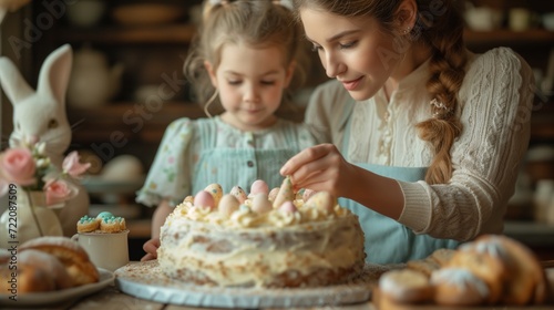 Woman and Little Girl Standing in Front of a Birthday Cake