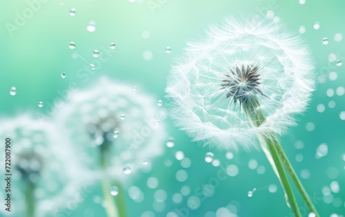 dandelion flower with water droplets on light green background