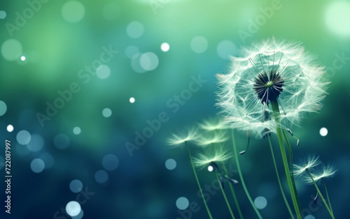 dandelion flower with water droplets on light green background