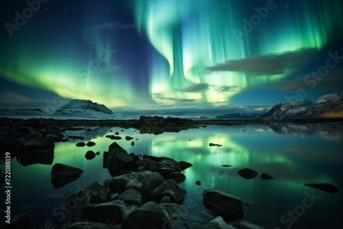 north pole, in the style of colorful turbulence, dark sky-blue and light green. © lc design