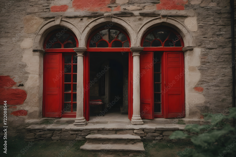 Concept photo shoot of close up an old stone village with red windows