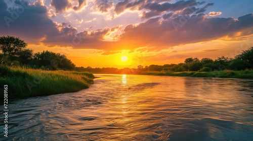 Beautiful landscape with sunset or sunrise dawn or dusk over the peaceful calm still river waters and blue and yellow sky horizon reflecting with clouds photo