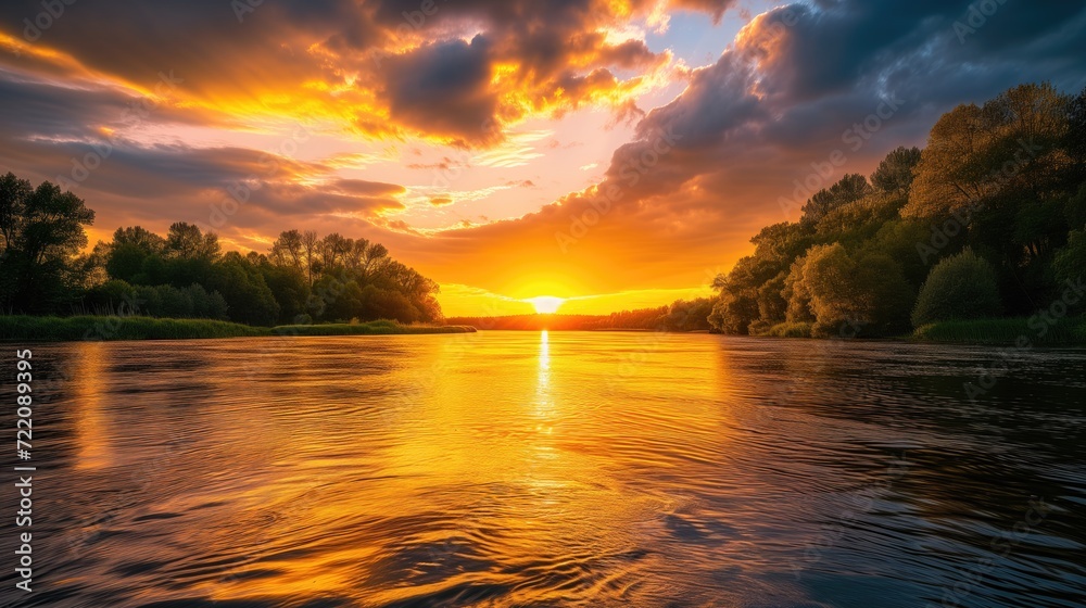 Beautiful landscape with sunset or sunrise dawn or dusk over the peaceful calm still river waters and yellow sky and water reflection with clouds - obrazy, fototapety, plakaty 