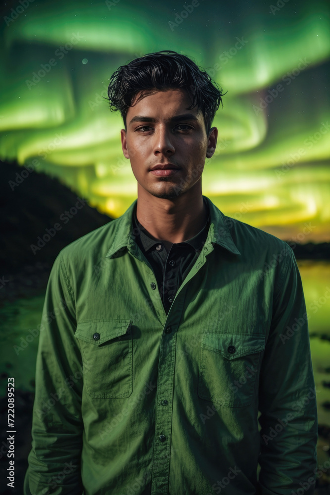 portrait of young handsome man in winter clothes in front of a spectacular Northern Lights portrait of young handsome man in winter clothes in front of a spectacular Northern Lights