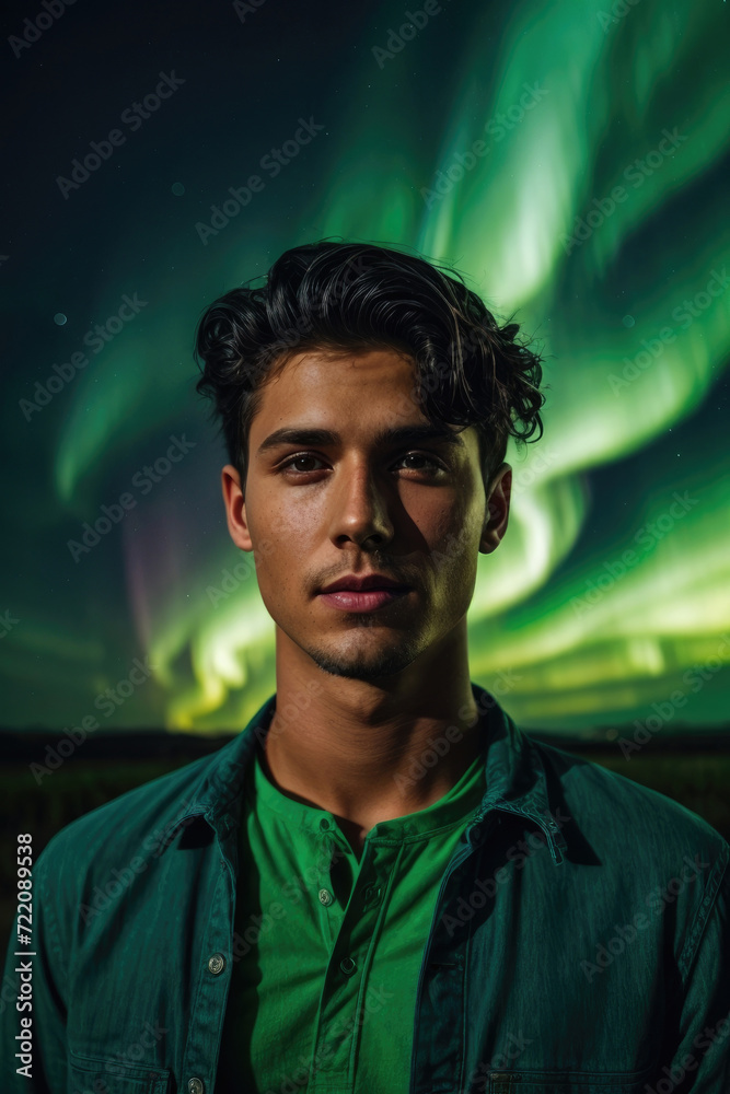 portrait of young handsome man in winter clothes in front of a spectacular Northern Lights