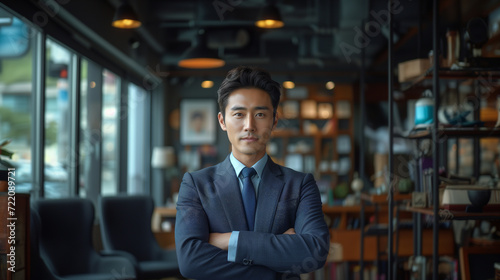 Portrait of a modern professional Korean man wearing a business suit with a blur modern urban background.