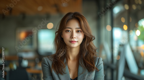 Portrait of a smiling young Asian businesswoman standing and looking at the camera in a blurred office background.