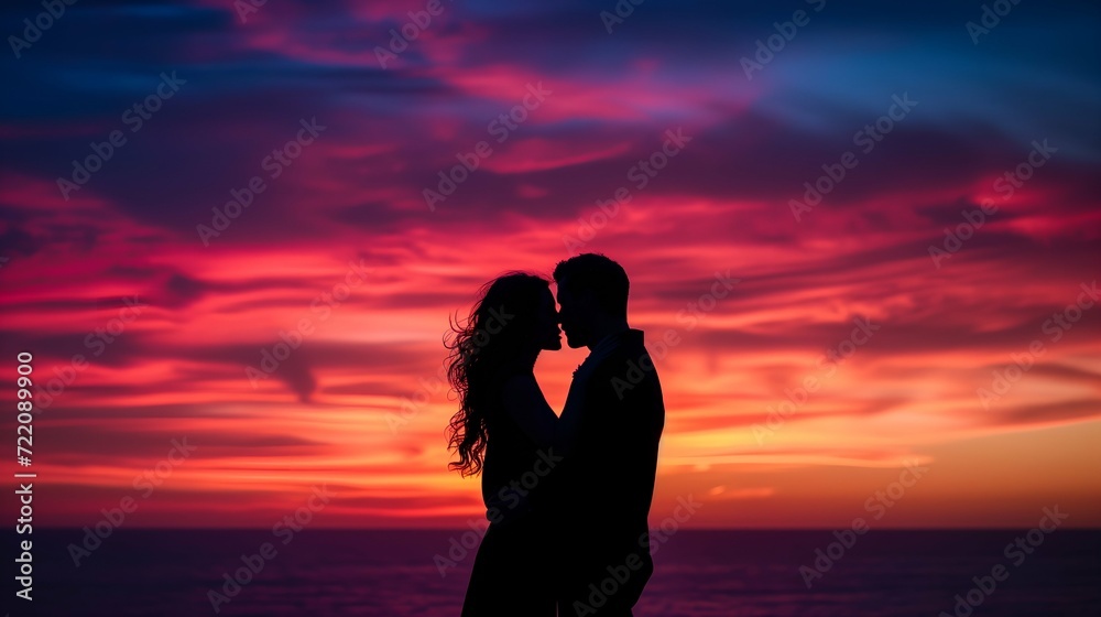Silhouette of a loving couple on a background of a beautiful sunset