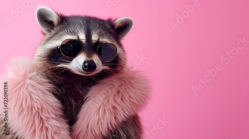Portrait of a raccoon with sunglasses on a pink background.