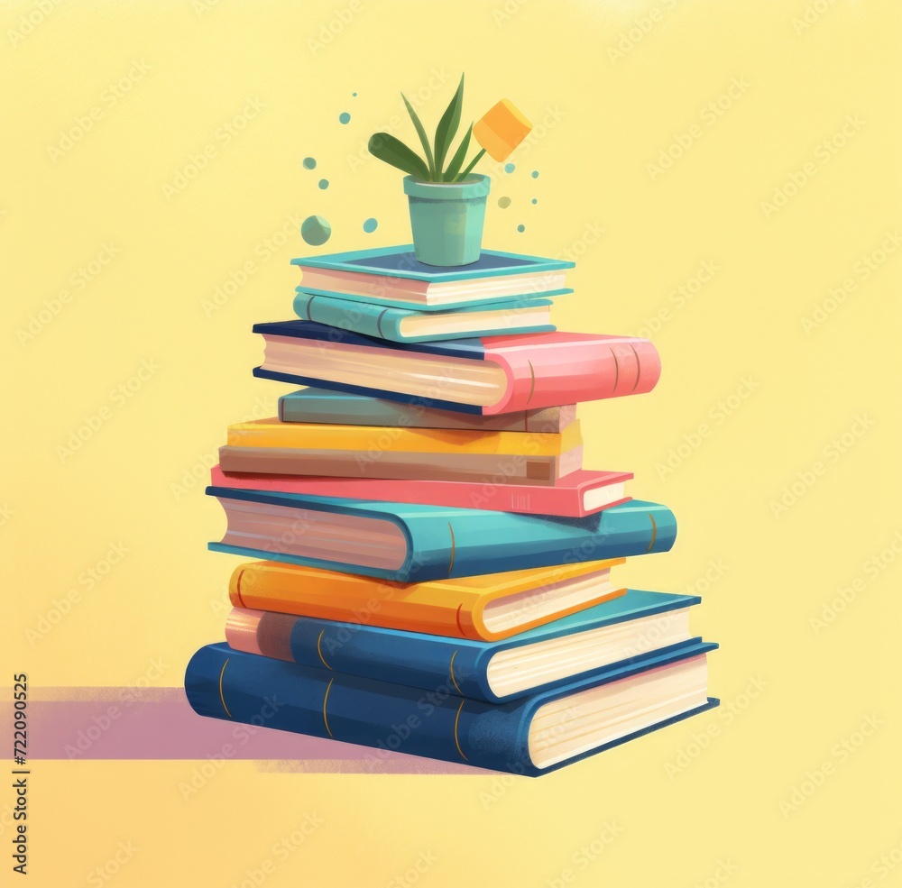 colorful stack of books, with plants and pen on the white background. a pile of books and a flower colorful stack of books, with plants and pen on the white background. a pile of books and a flower