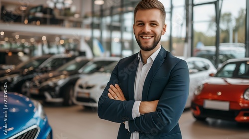 Handsome young man standing with crossed arms in car showroom