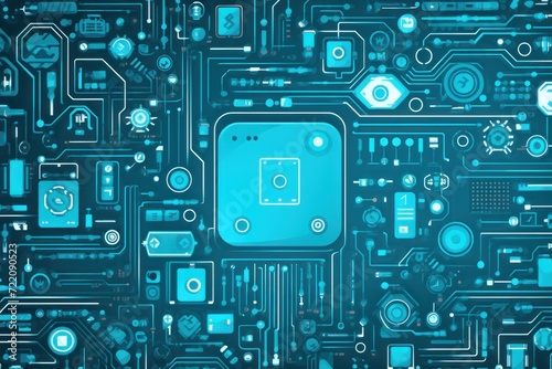 Cyan abstract technology background using tech devices and icons 