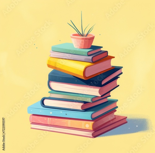 Wallpaper Mural colorful stack of books, with plants and pen on the white background.  a pile of books and a flower Torontodigital.ca