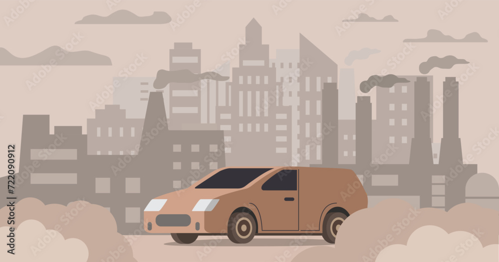Truck air pollution.Road smog.Industrial carbon dioxide cloud.Polluted air environment at city.Atmospheric pollution.Bad urban environment.Contamination problem.Vector flat illustration.
