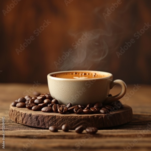cup of hot coffee on wooden background