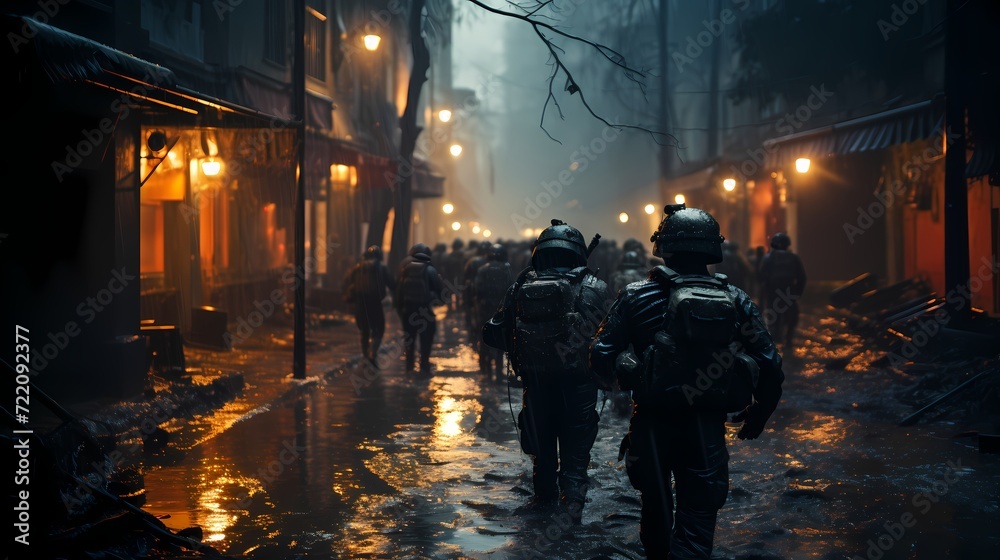 Tactical ground forces engaged in a simulated urban warfare scenario, showcasing modern military infantry equipment