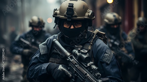 Tactical ground forces engaged in a simulated urban warfare scenario, showcasing modern military infantry equipment