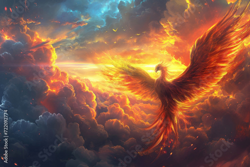 A beautiful colored painting of the phoenix rising in the sky. © imlane