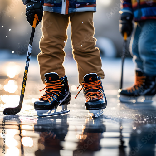 Lower body of two boys playing ice hockey on a frozen pond. Ice skates and a hockey stick close-up in the evening back light. Winter activities concept.