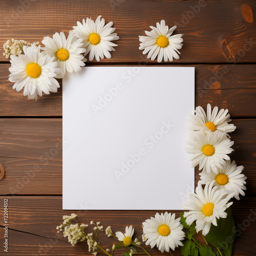 Blank floral mockup of white sheet of paper with chamomile flowers for wedding, birthday invitation or save date card with copy space, top view. © yulnniya