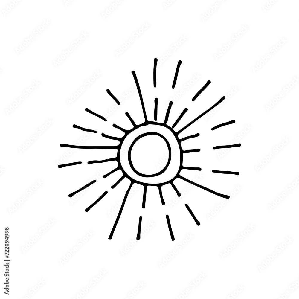 The sun, a huge hot ball. Sunbeams. Doodle. Vector illustration. Hand drawn. Outline.