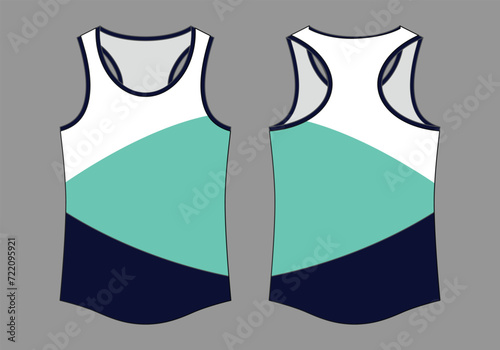 Running Tank Top With White-Blue-Navy On Gray Background.Front and Back View, Vector File