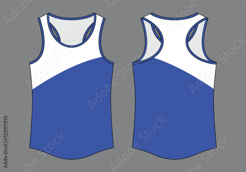 Running Tank Top With White-Blue On Gray Background.Front and Back View, Vector File