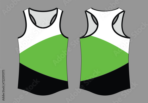 Running Tank Top With White-Green-Black on Gray Background. Front and Back Views, Vector File