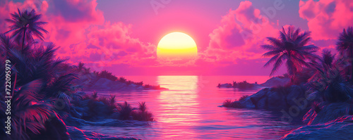 surreal psychedelic artwork of a tropical synthwave beach at the ocean with palm trees and beauty sunset photo