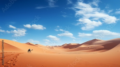 Timeless desert panorama with a solitary camel caravan crossing the vast sandy expanse under a clear blue sky