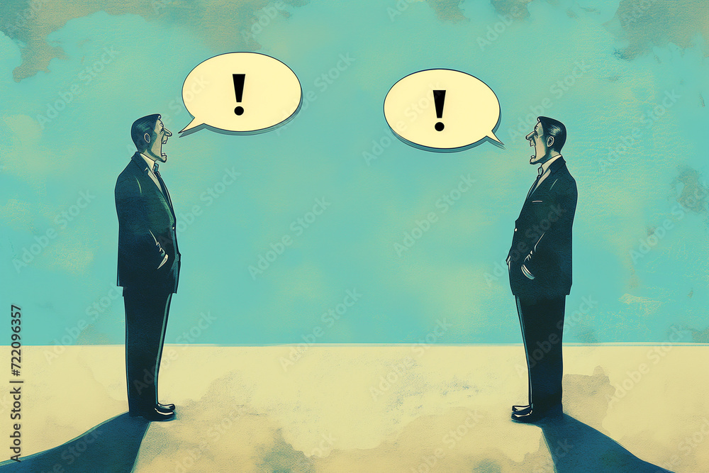 Stylized illustration of two men yelling at each other on a textured background, with exlamation mark in the speech bubble Stylized illustration of two men yelling at each other on a textured background, with exlamation mark in the speech bubble